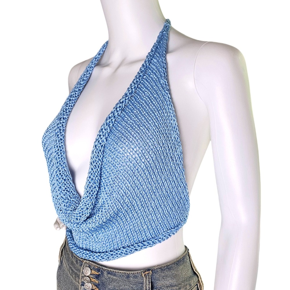 Handmade Knit Halter Top Blue, Small to Medium, Boho Festival Wear, Rave Clothes - Picture 5 of 8